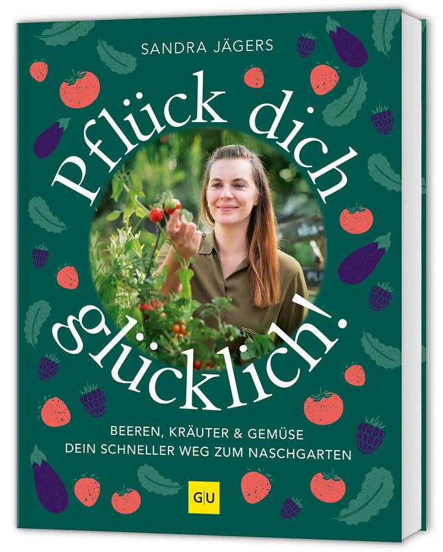 Eine Frau hält reife Tomaten in einem Garten, dahinter ein farbenfrohes Buchcover. Pflück dich glücklich von Sandra Jägers